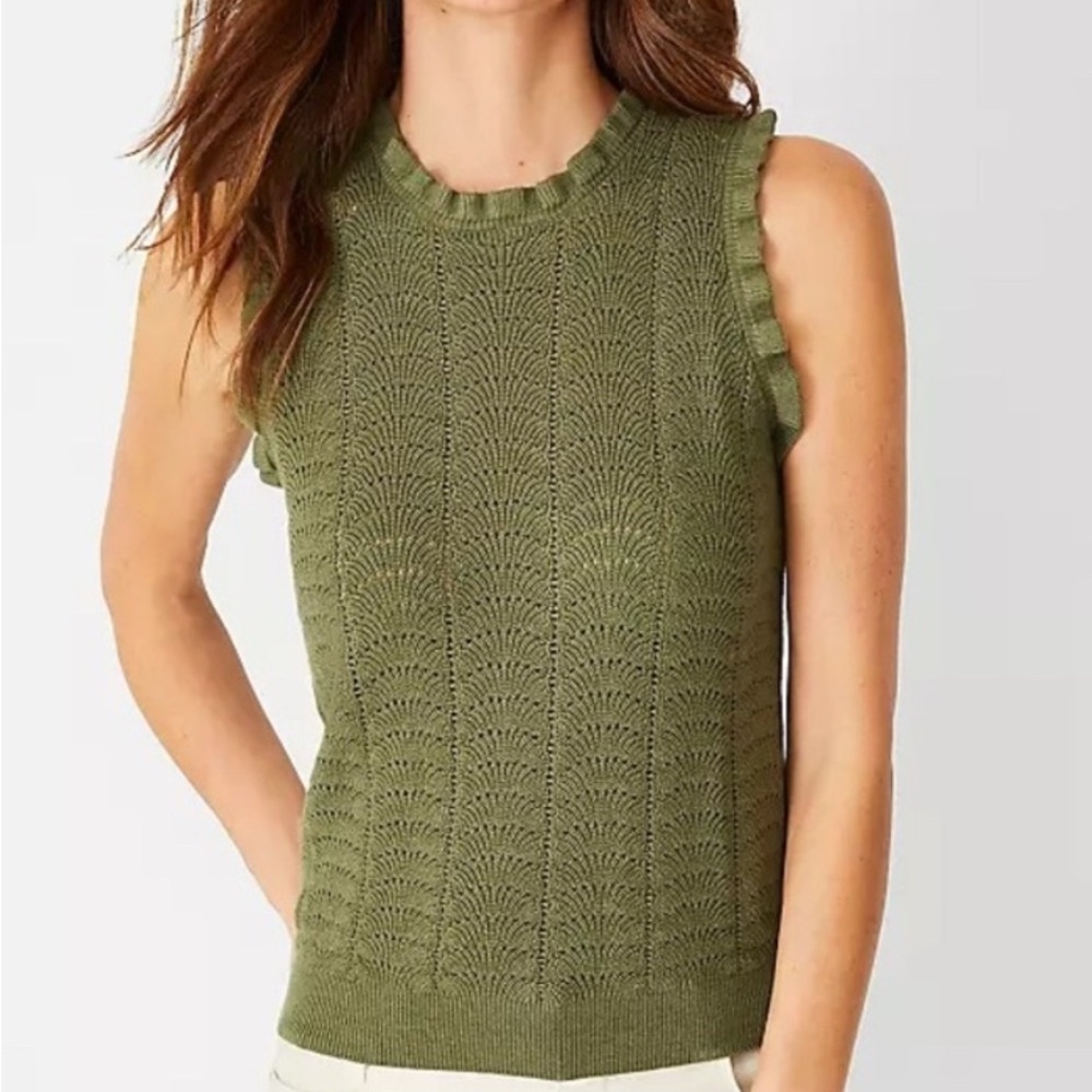 Ann Taylor Green Pointelle Ruffle Sweater Shell